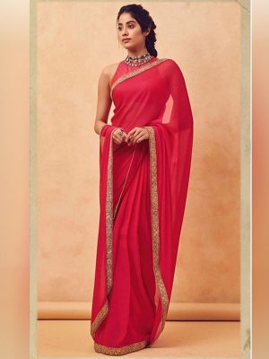 Letest Janhvi Kapoor Tamoto Red Celebrity Wear Saree