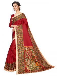 Kalamkari 14 Red Khadi Silk Printed Kalamkaari Sarees With Blouse