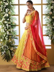 Yellow Designer Art Silk Thread And Jari With Sequence Embroidered Work Guldasta Lehenga Choli