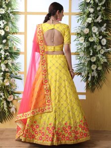 Yellow Designer Art Silk Thread And Jari With Sequence Embroidered Work Guldasta Lehenga Choli