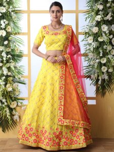 Yellow Designer Art Silk Thread And Jari With Sequence Embroidered Work Guldasta Lehenga Choli