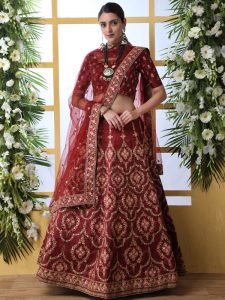 Maroon Designer Art Silk Thread And Jari With Sequence Embroidered Work Guldasta Lehenga Choli