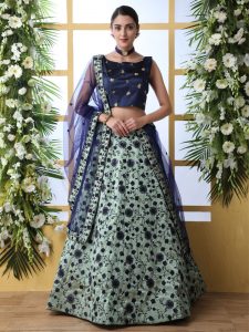 Mint Green Designer Art Silk Thread With Sequence Embroidered Work Guldasta Lehenga Choli