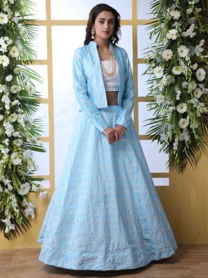 Sky Blue Designer Thread With Sequence Embroidered Work Wedding & Party Wear Lehenga Choli