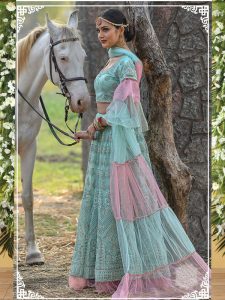 Mint Colour Net Resham & Zari Work Lehenga Choli