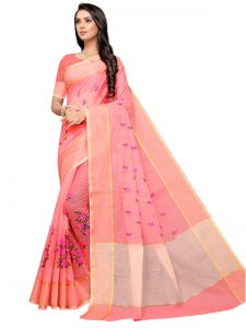 Peach Cotton Silk Designer Embroidered Buti Work Saree