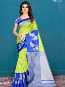 Parrot Green Art Silk Digital Print Saree