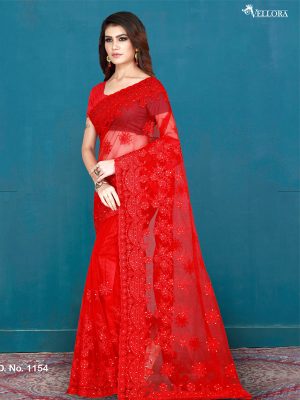 Red Net Embroidery & Stone Work Saree