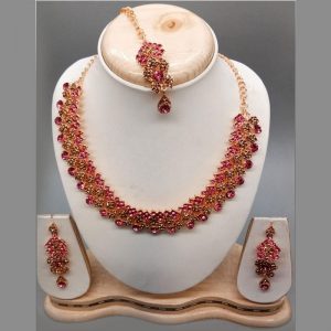 Pink Colour Bridal Wedding Jewellery Alloy And Copper Necklace Sets for Women