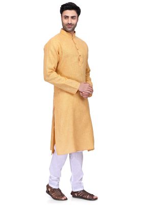 Yellow Colour Art Silk Kurta Pajama For Men