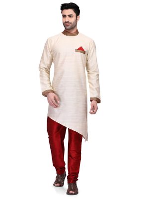 Cream Colour Art Silk Kurta Pajama For Men