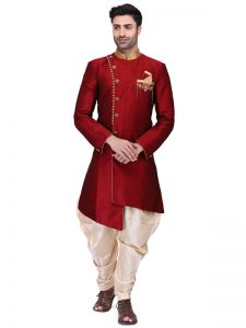 Maroon Colour Art Silk Kurta Pajama For Men