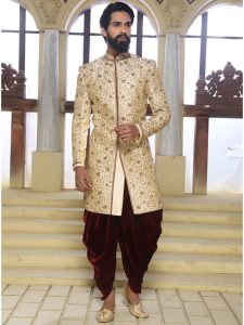 Beige Raw Silk Machine Work & Hand Work Sherwani