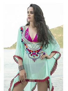 Mint Green And Pink Color Embroidered Cover Up