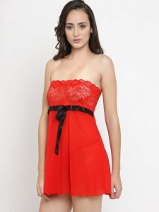 Strapless Sheer Tube Red Net Sexy Babydoll Night Dress with G-String Nightwear