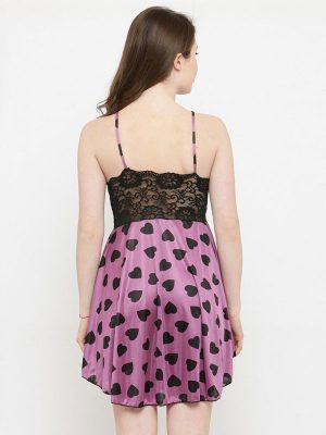 Satin Heart Print Soft Bridal Babydoll Purple Dress Nightwear