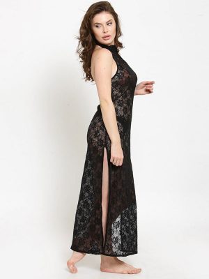 See-Thru Side Slit Black Lace Gown Night Dress