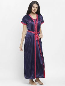 Navy Blue Embroidered Long Nighty Gown with Robe Lingerie 2 Pcs Nightwear  Set - Zakarto