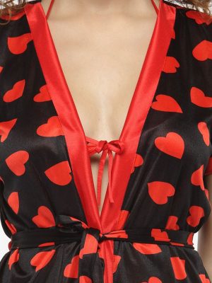 Pack Of 3 Pcs Red Lovely Heart Print Bikini Thong Robe Lingerie Nightwear Combo