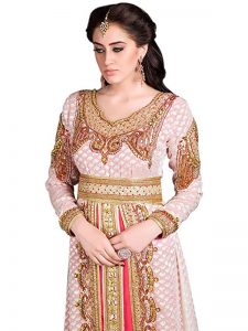 Off White And Pink Moroccan Party Wear Golden Handwork Kaftan