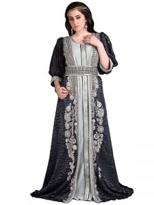 Gray Color Designer Brasso Fabric Hand Beaded Moroccan Party Wedding Kaftan