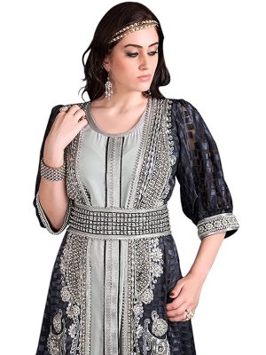 Gray Color Designer Brasso Fabric Hand Beaded Moroccan Party Wedding Kaftan