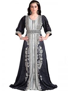 Gray Color Designer Brasso Fabric Hand Beaded Moroccan Party Wedding Kaftan