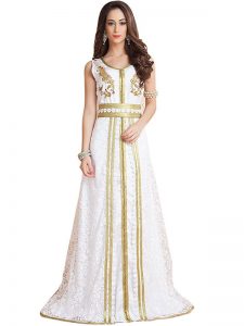 Trendy Beautiful Gulf Trend White Color Partywear Moroccan Style Dubai Dress