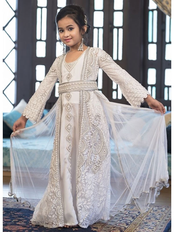 Designer Handmade White Arabic Moroccan Long Sleeve Caftan For Kids ...