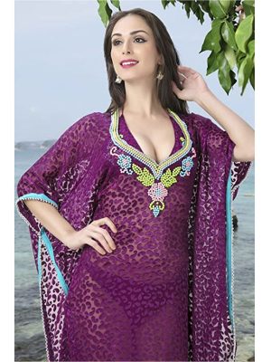 Violet Color Peral Work Bathing Suit Cover Ups Dress