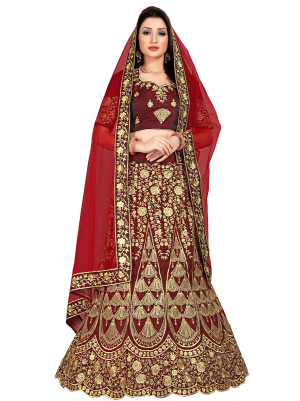 Embroidered Satin Lehenga in Beige and Maroon : LZR754