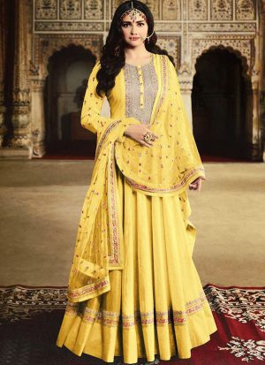 Yellow Silk Blend Anarkali Salwar Kameez