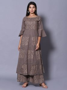 Grey Block Print Cotton Kurta Sets