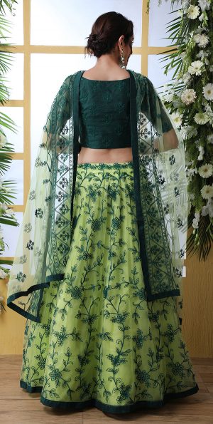 Fluorescent Green Embroidered Net Wedding & Party Wear Semi Stitched Lehenga