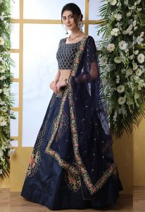 Navy Blue Embroidered Art Silk Wedding & Party Wear Semi Stitched Lehenga