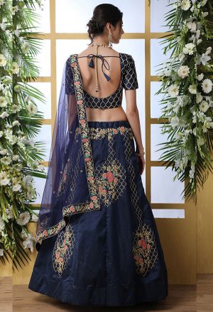 Navy Blue Embroidered Art Silk Wedding & Party Wear Semi Stitched Lehenga