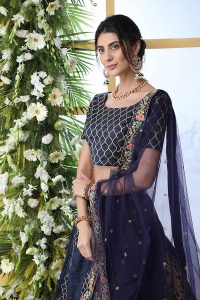 Navy Blue Embroidered Art Silk Wedding & Party Wear Semi Stitched Lehenga