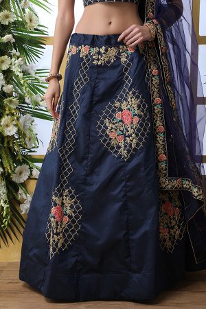 Navy Blue Embroidered Art Silk Wedding & Party Wear Semi Stitched Lehenga