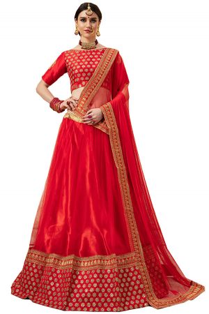 Red Embroidered Soft Net Wedding & Party Wear Semi Stitched Lehenga