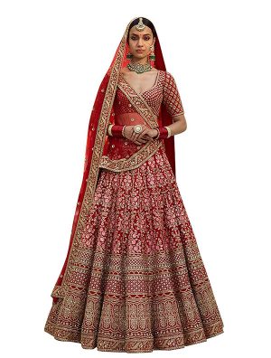 Red Embroidered Art Silk Party Wear Semi Stitched Lehenga