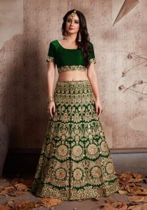 Green Embroidered Velvet Silk Party Wear Semi Stitched Lehenga
