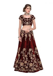 Maroon Embroidered Velvet Silk Party Wear Semi Stitched Lehenga