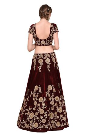 Maroon Embroidered Velvet Silk Party Wear Semi Stitched Lehenga