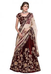 Maroon Embroidered Velvet Silk Party Wear Semi Stitched Lehenga