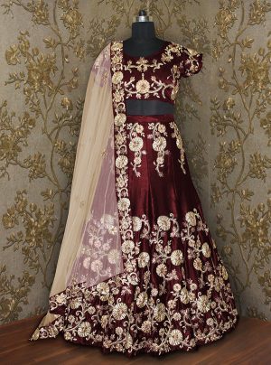 Maroon Embroidered Velvet Silk Party Wear Semi Stitched Lehenga