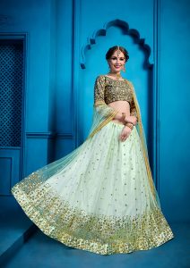 Sea Blue Embroidered Soft Net Party Wear Semi Stitched Lehenga