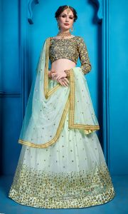 Sea Blue Embroidered Soft Net Party Wear Semi Stitched Lehenga