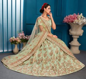 Pista Embroidered Satin Party Wear Semi Stitched Lehenga
