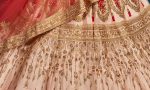 Peach Embroidered Satin Party Wear Semi Stitched Lehenga