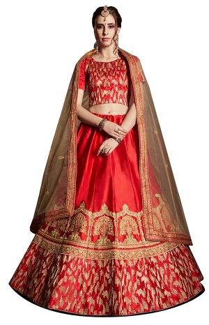 Red Embroidered Satin Party Wear Semi Stitched Lehenga